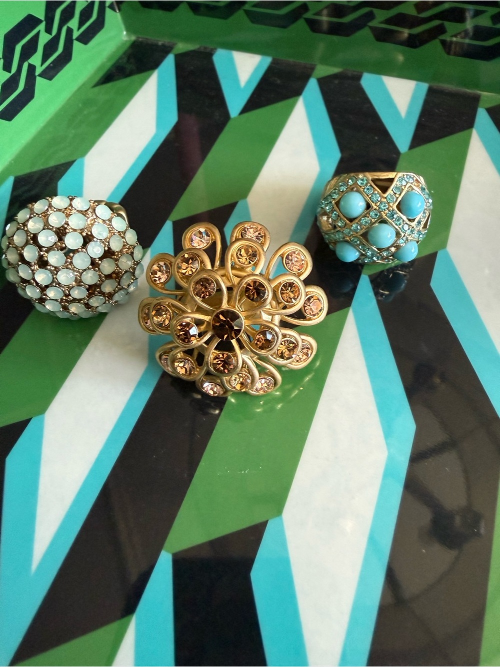 Cocktail Ring Lot of 3: Gold Floral Cocktail Rings with Crystals & Stones